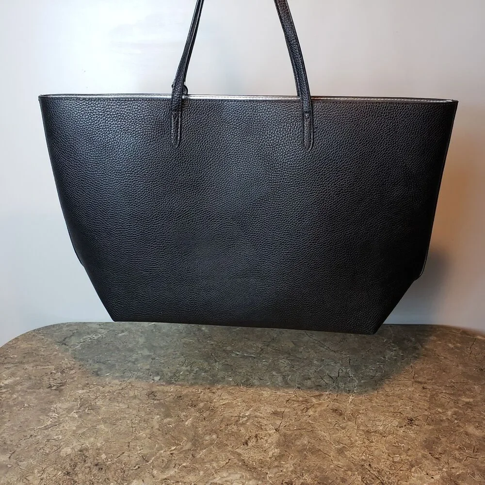 Victoria’s Secret Black Faux Leather Tote Bag Logo Double Handle Silver Tassel !